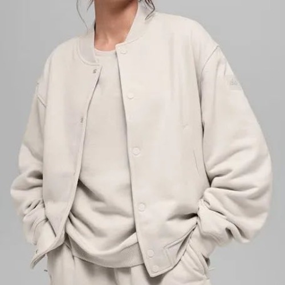 Alo Renown Varsity Jacket Bone Beige XS Oversized Bomber Sporty Athleisure